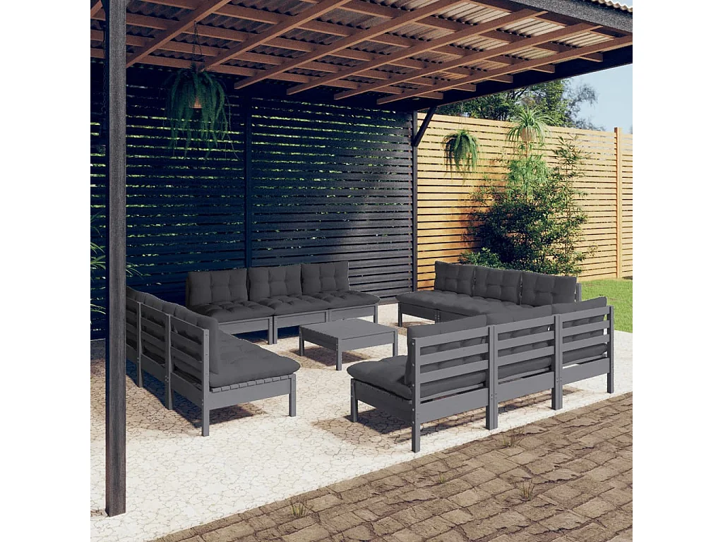 Salon de jardin 13 pcs avec coussins anthracite bois de pin