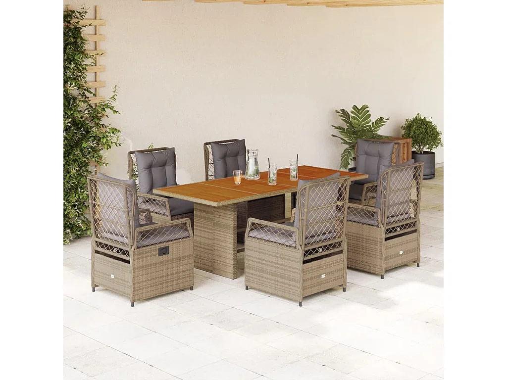 Ensemble à manger de jardin et coussins 7 pcs beige poly rotin