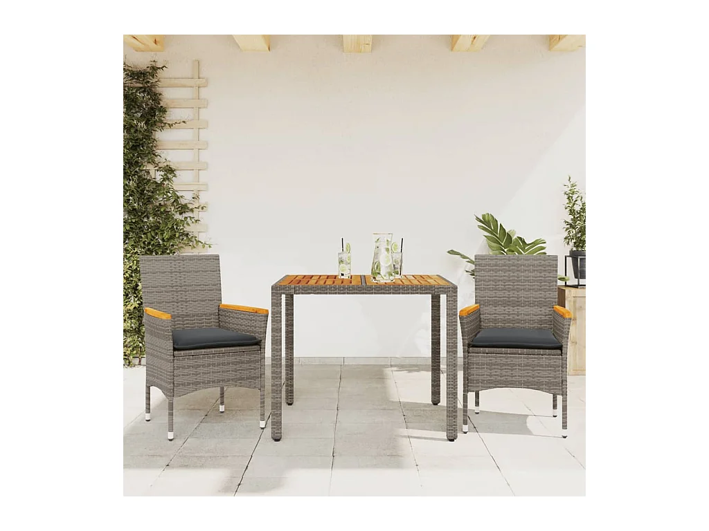Set Pranzo da Giardino 3pz con Cuscini Polyrattan Acacia Grigio