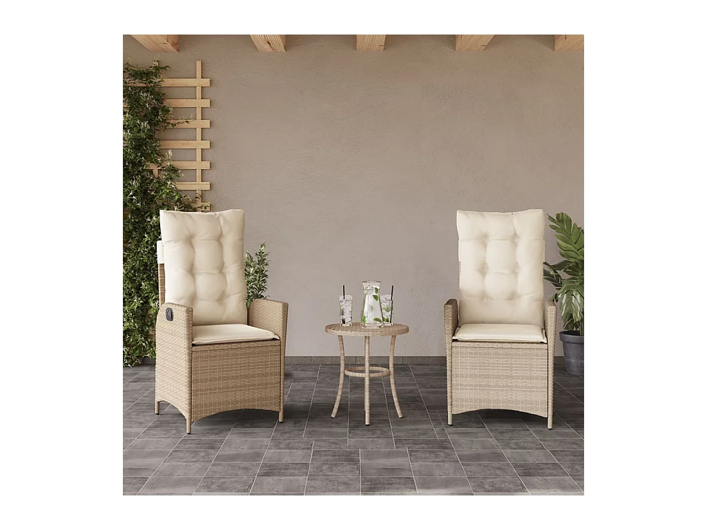 Chaises inclinables de jardin lot de 2 et coussins beige rotin