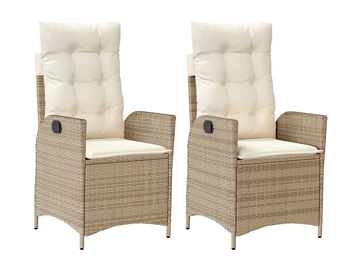 Chaises inclinables de jardin lot de 2 et coussins beige rotin