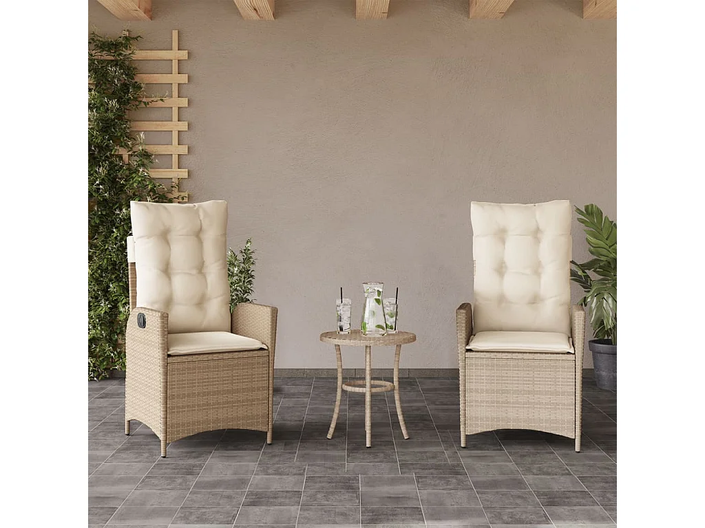 Sillones reclinables de jardín con cojines beige 2 uds ratán PE