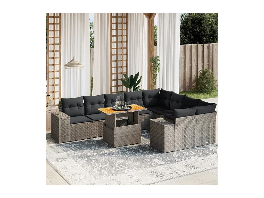 Salon de jardin avec coussins 10 pcs gris résine tressée