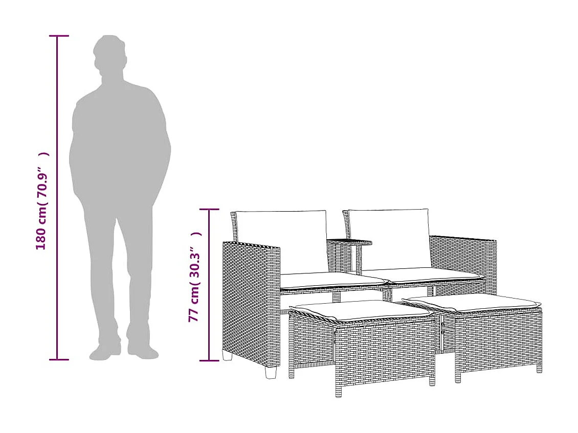 Sofá de jardín 2 plazas con mesa y taburetes ratán PE beige