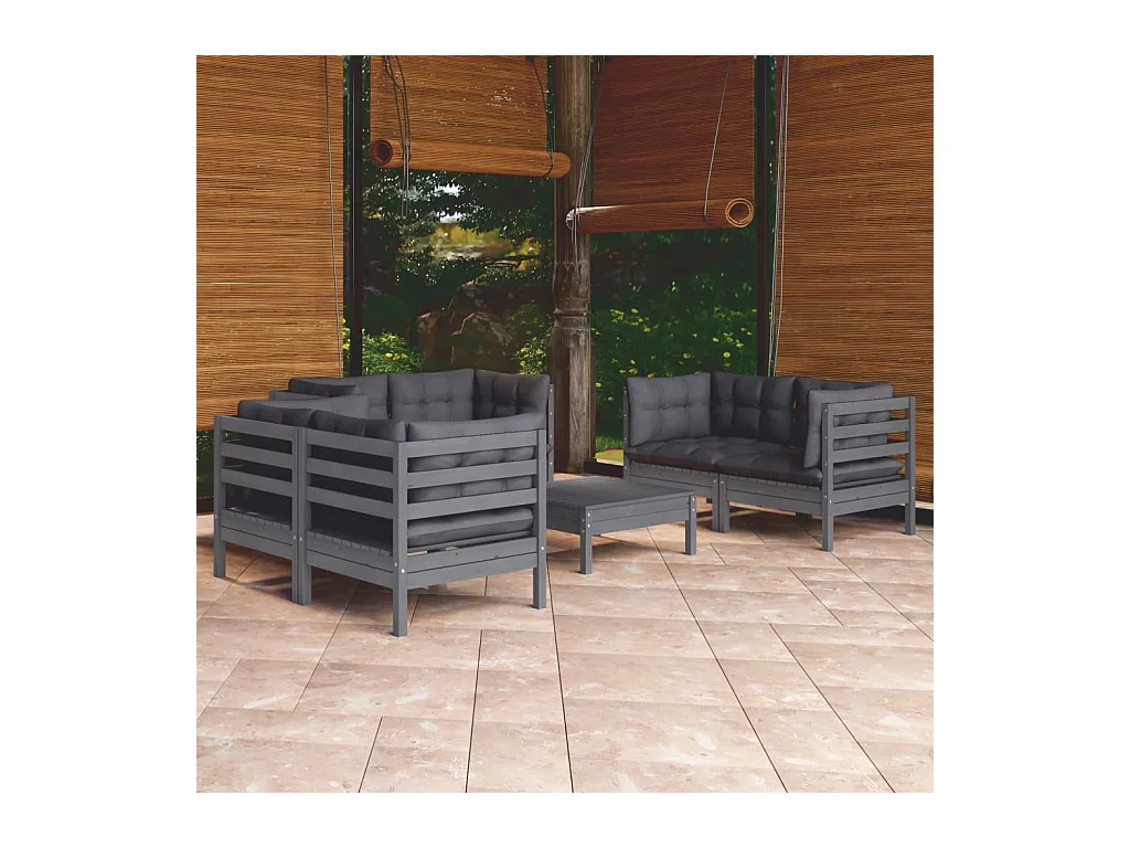 Salon de jardin 7 pcs avec coussins bois de pin massif
