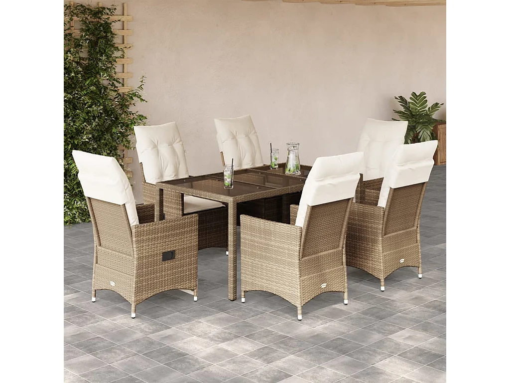 Ensemble à manger de jardin et coussins 7 pcs beige poly rotin