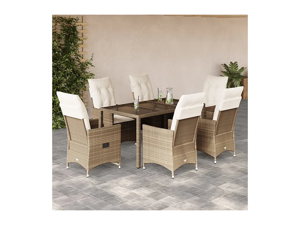 Ensemble à manger de jardin et coussins 7 pcs beige poly rotin
