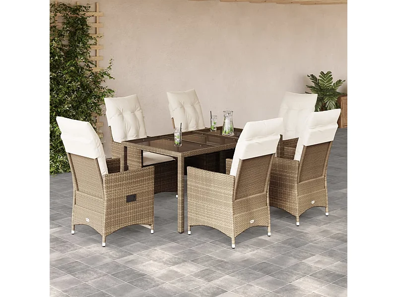 7-tlg. Garten-Essgruppe mit Kissen Beige Poly Rattan