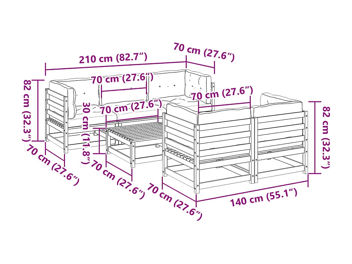 Salon de jardin 6 pcs avec coussins bois de pin massif