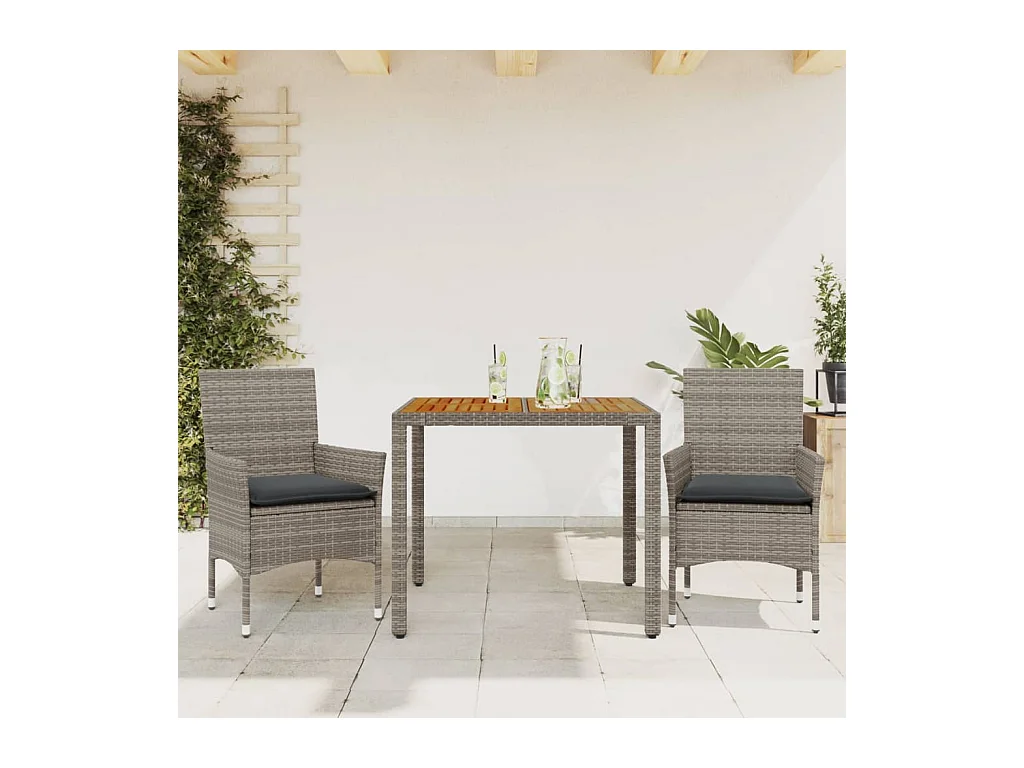 Set Pranzo da Giardino 3pz con Cuscini Polyrattan Acacia Grigio