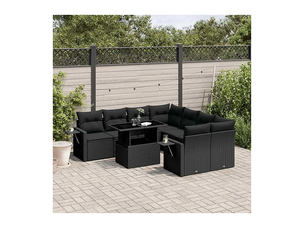 Salon de jardin 9 pcs avec coussins noir résine tressée