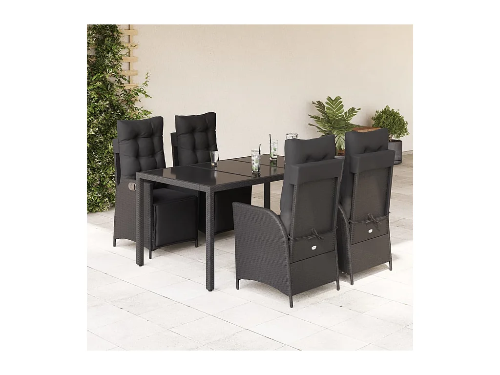 Ensemble à manger de jardin coussins 5pcs Noir Résine tressée