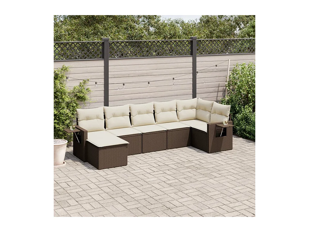 Salon de jardin avec coussins 7 pcs marron résine tressée