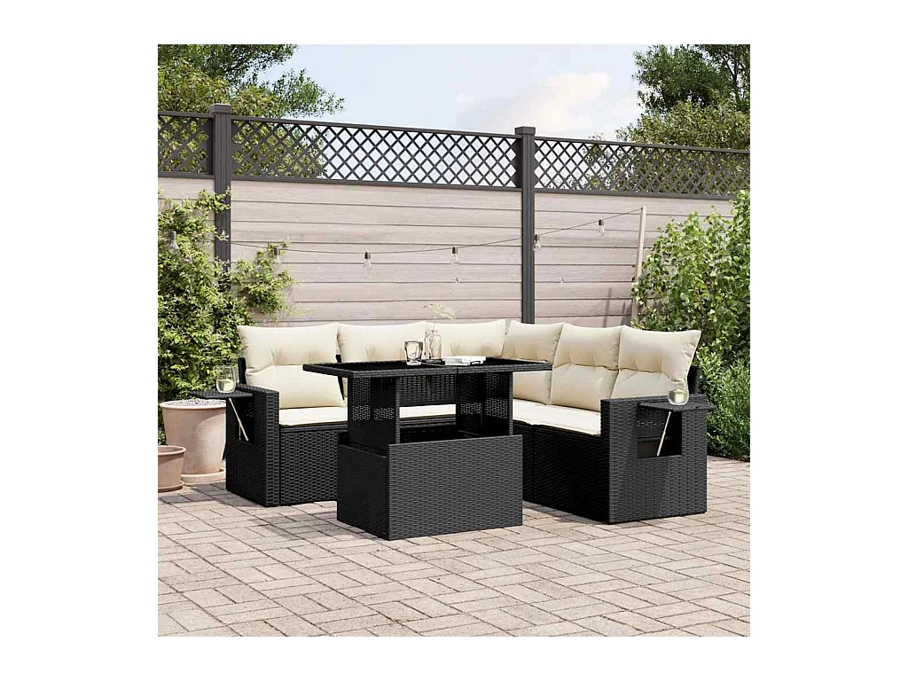 6-delige Loungeset met kussens poly rattan zwart