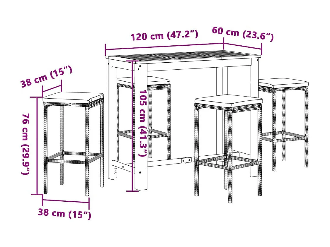 5-tlg. Gartenbar-Set Schwarz Massivholz Akazie und Poly Rattan