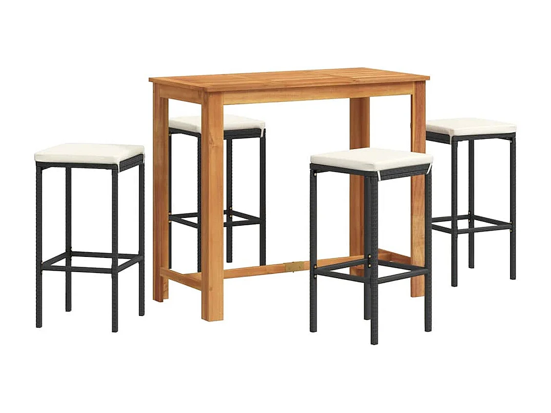 5-tlg. Gartenbar-Set Schwarz Massivholz Akazie und Poly Rattan