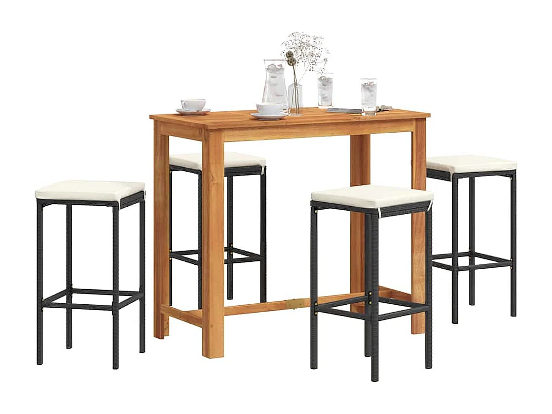 5-tlg. Gartenbar-Set Schwarz Massivholz Akazie und Poly Rattan