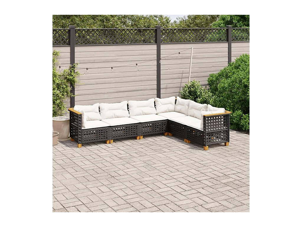 Salon de jardin 6 pcs avec coussins noir résine tressée