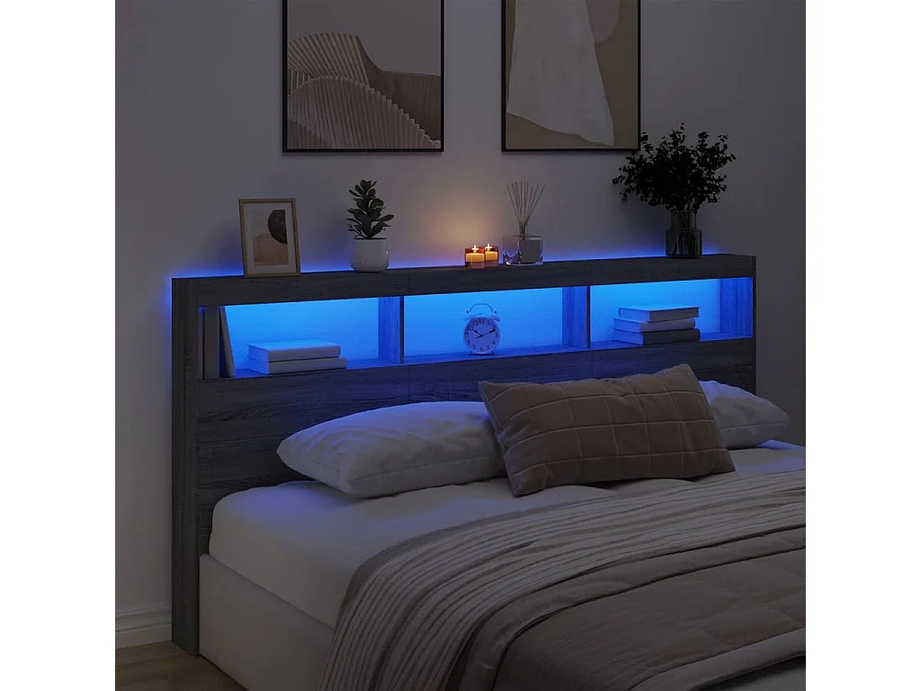Armoire tête de lit avec LED sonoma gris 200x17x102 cm