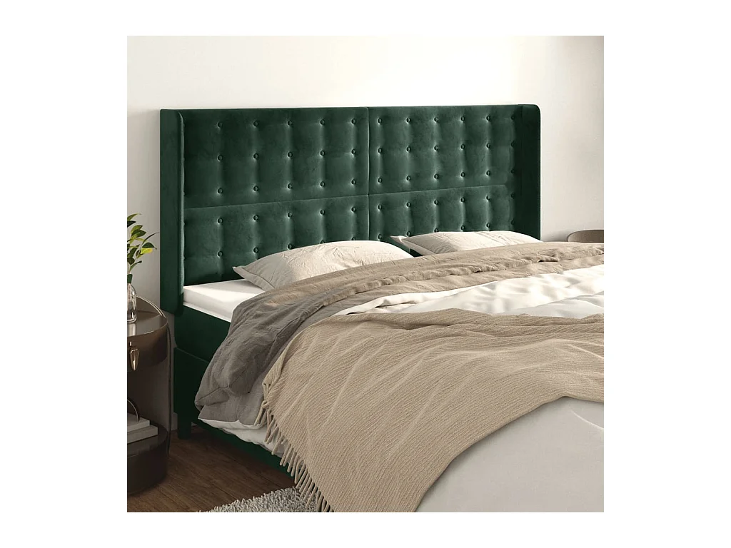 Tête de lit avec oreilles Vert foncé 203x16x118/128 cm Velours