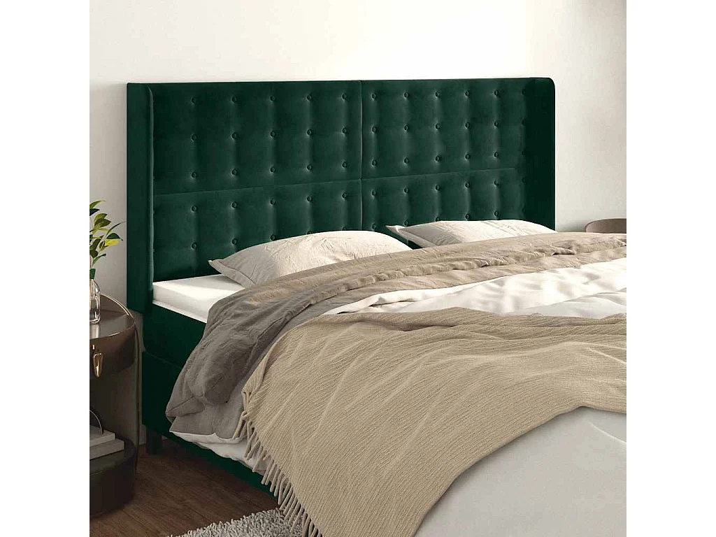 Tête de lit avec oreilles Vert foncé 203x16x118/128 cm Velours