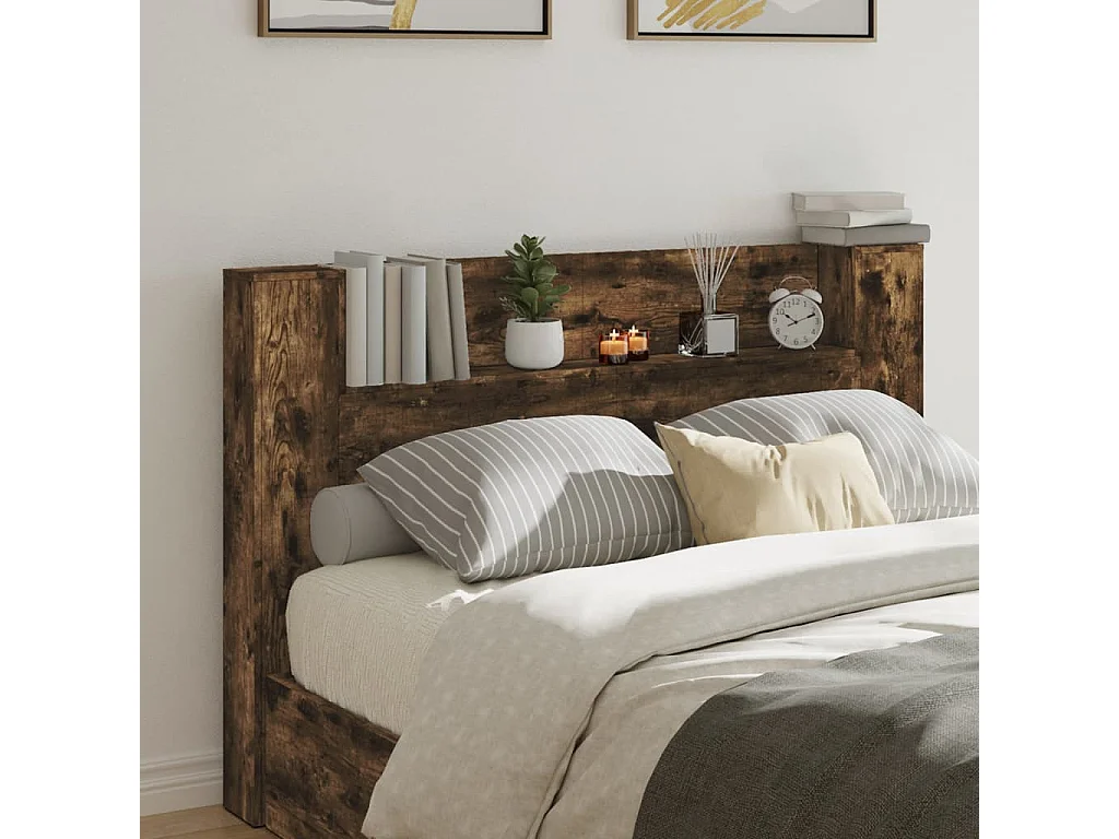 Armoire tête de lit avec LED chêne fumé 160x16,5x103,5 cm