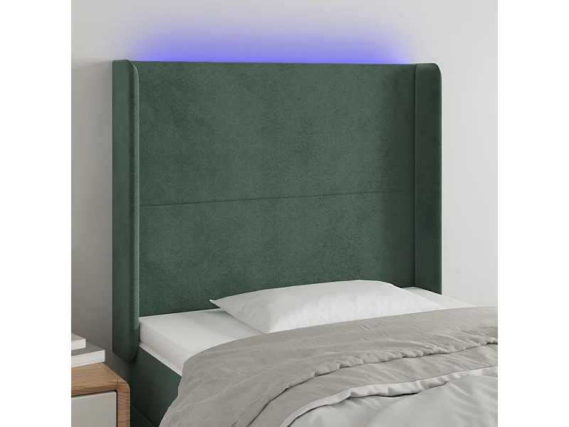 Cabeceira cama c/ luzes LED veludo 93x16x118/128cm verde-escuro