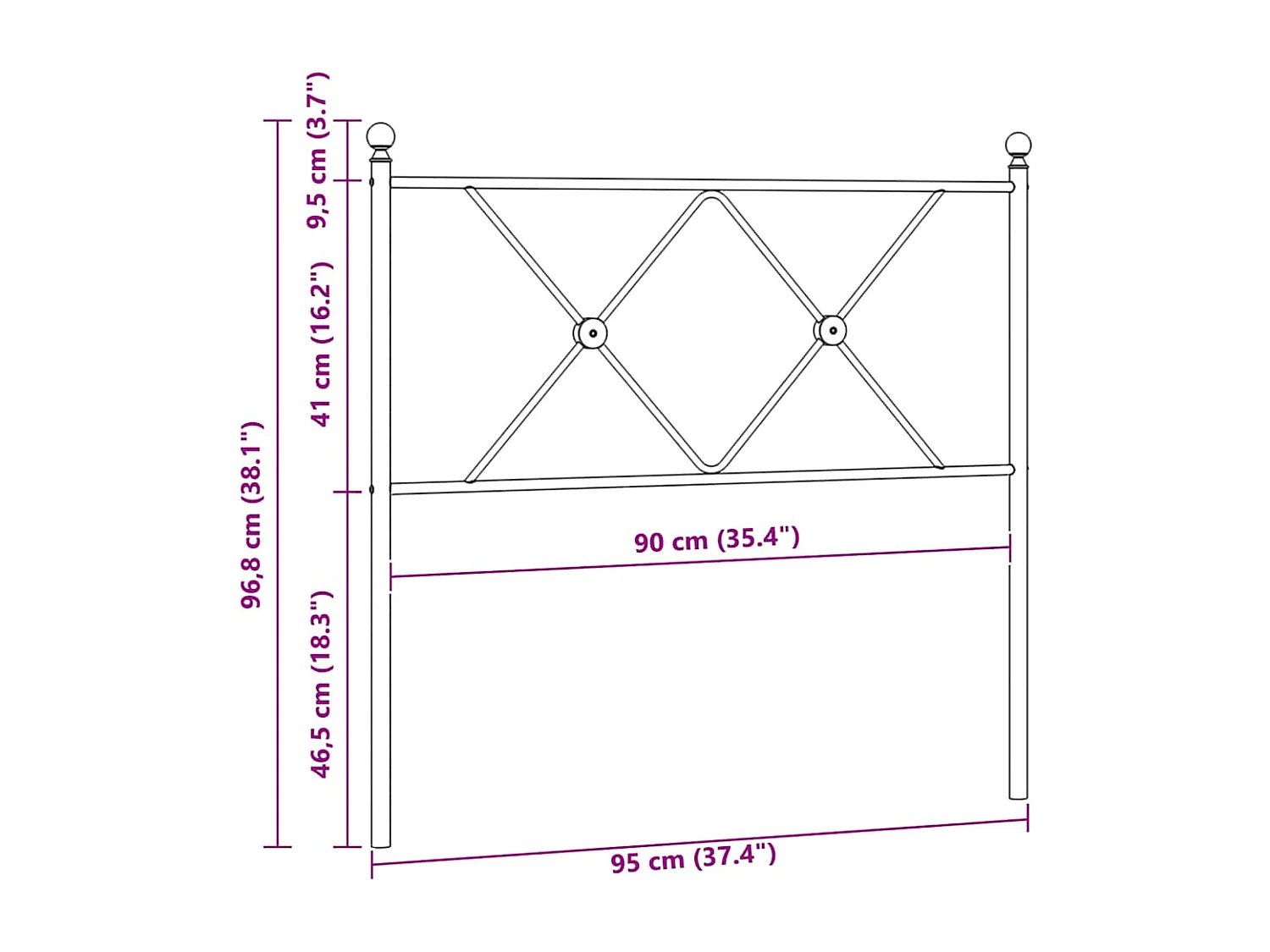 Vervangend hoofdbord 90 cm metaal zwart
