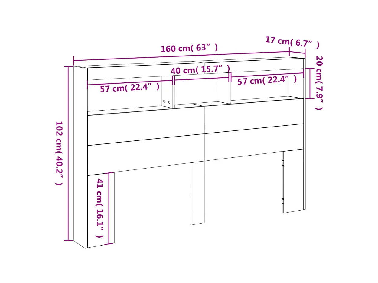 Hoofdbordkast met LED-verlichting 160x17x102 cm wit