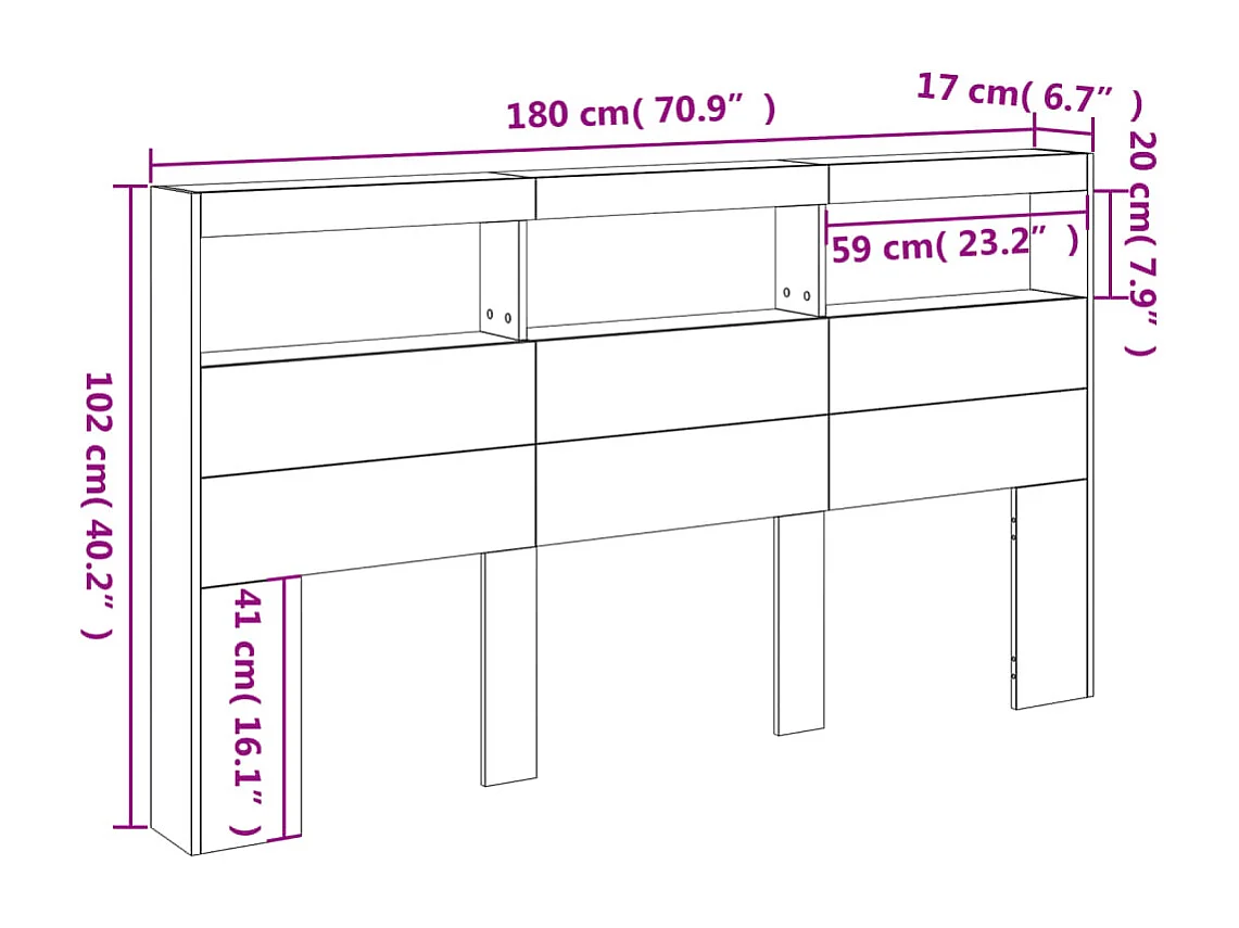 Testiera con Contenitore a LED Nera 180x17x102 cm