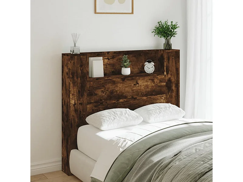 Armoire tête de lit avec LED chêne fumé 120x16,5x103,5 cm