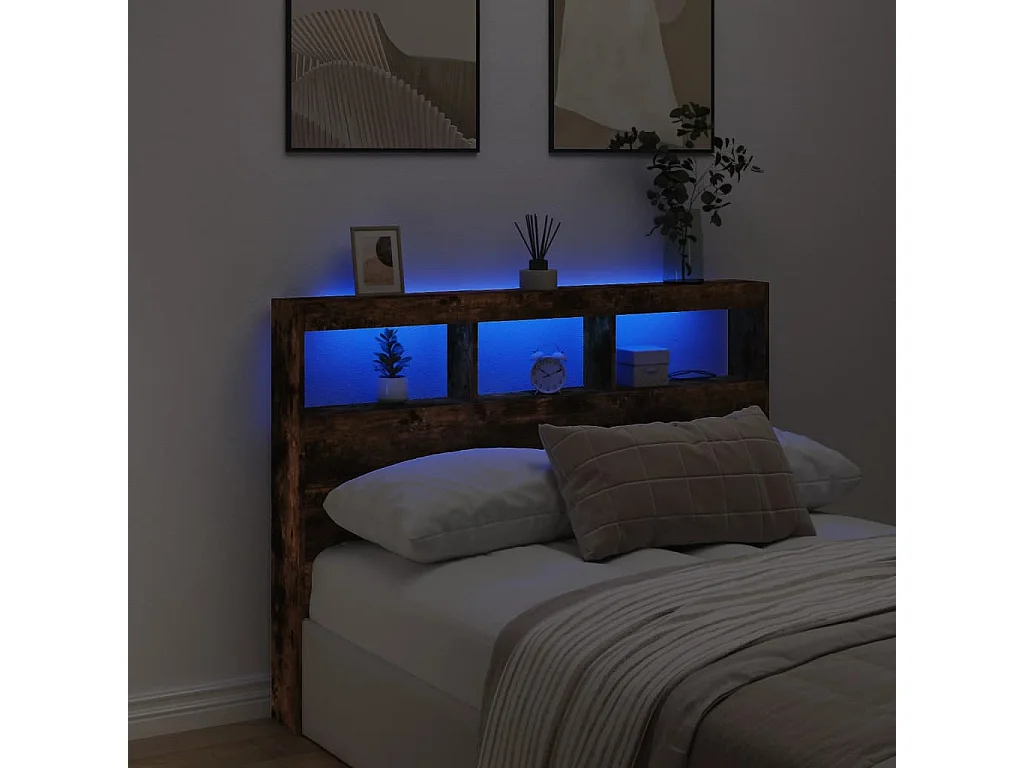 LED-Kopfteil mit Ablagen Räuchereiche 140x17x102 cm