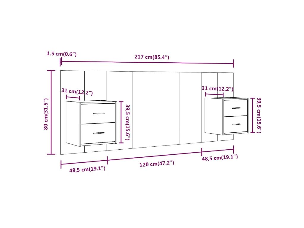 Hoofdbord met kastjes bewerkt hout gerookt eikenkleurig