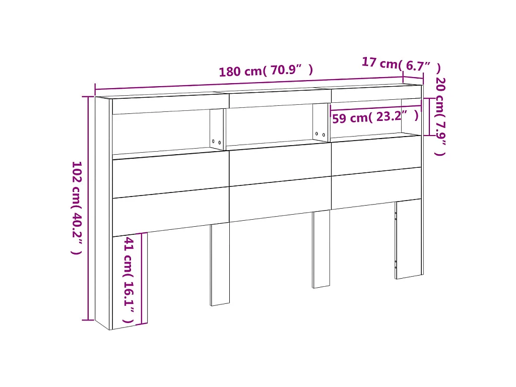 Armário de cabeceira com luzes LED 180x17x102 cm branco