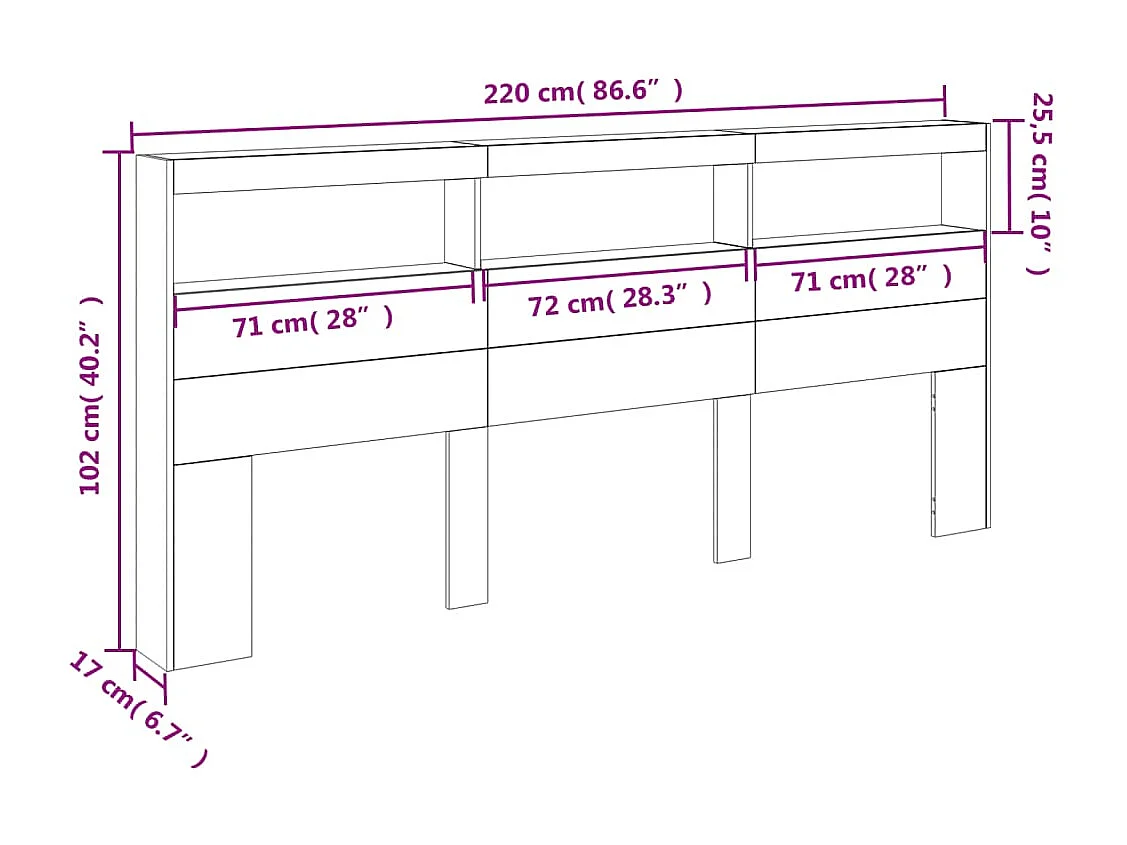 Testiera con Contenitore a LED Nera 220x17x102 cm