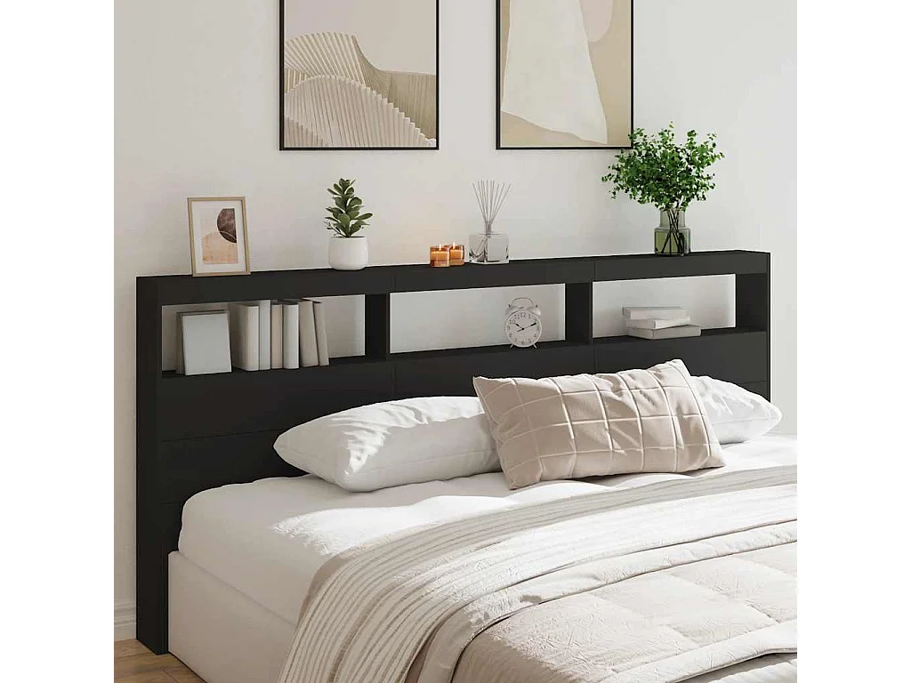 Armoire tête de lit avec LED noir 220x17x102 cm
