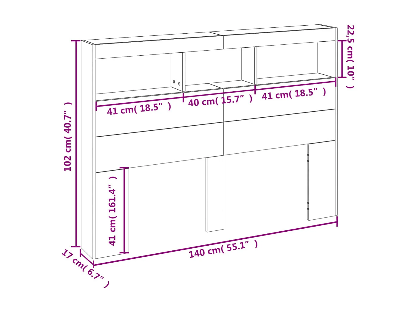 Hoofdbordkast met LED-verlichting 140x17x102 cm zwart