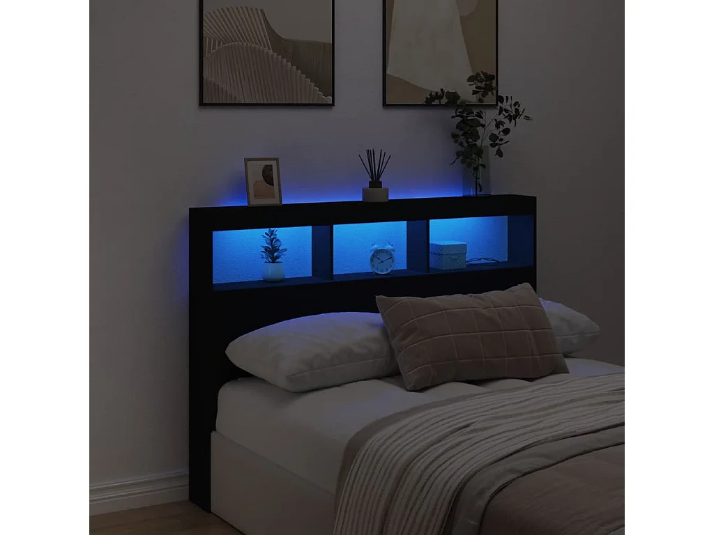 Armoire tête de lit avec LED noir 140x17x102 cm