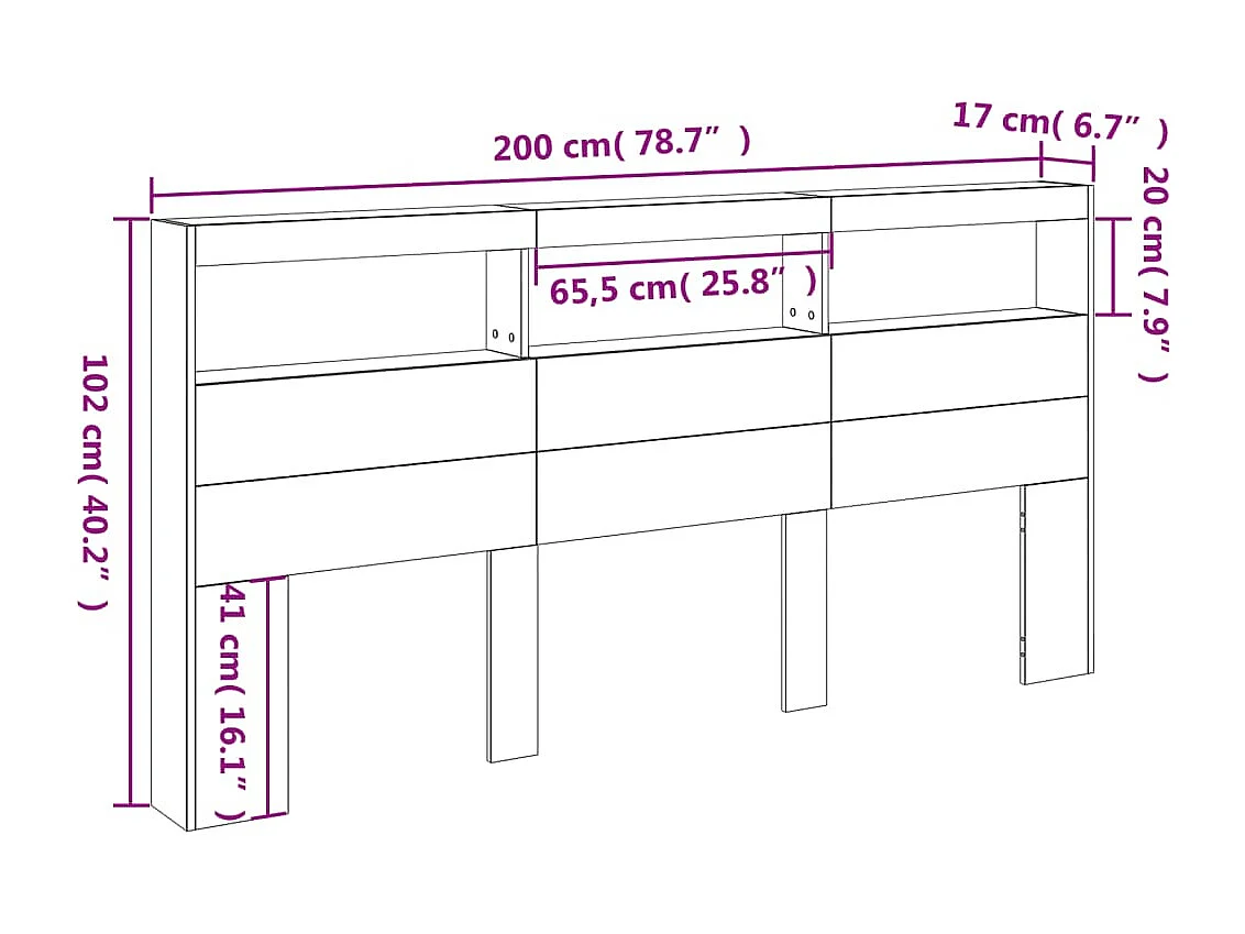 Hoofdbordkast met LED-verlichting 200x17x102 cm zwart