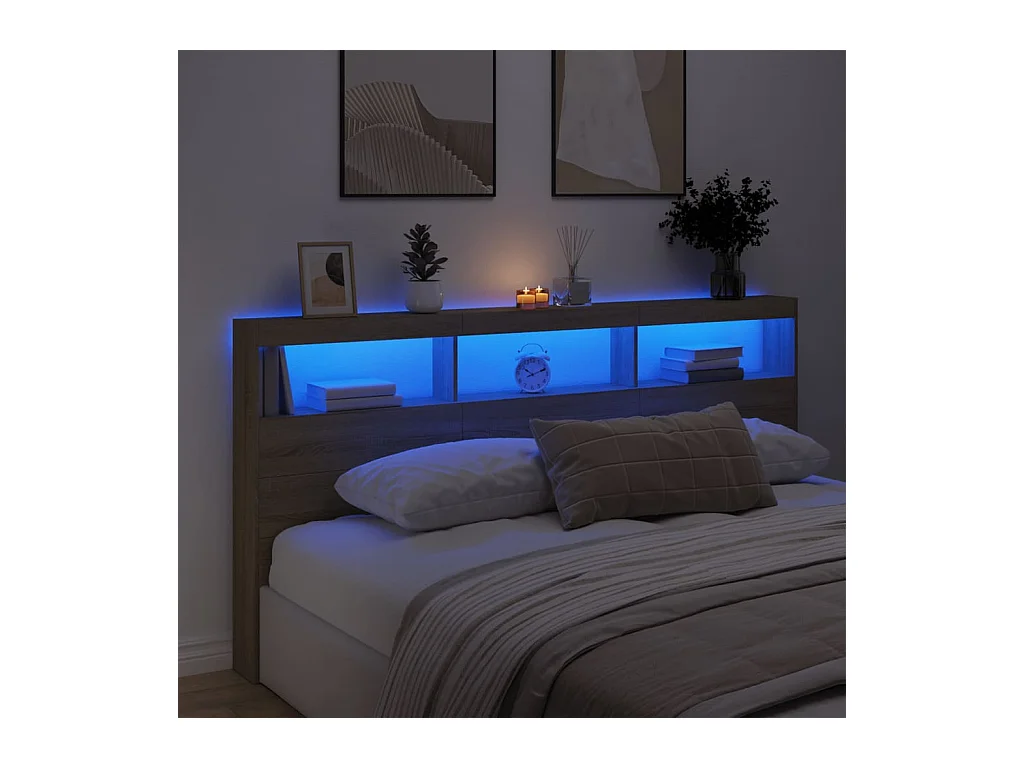 Testiera con Contenitore a LED Rovere Sonoma 200x17x102 cm