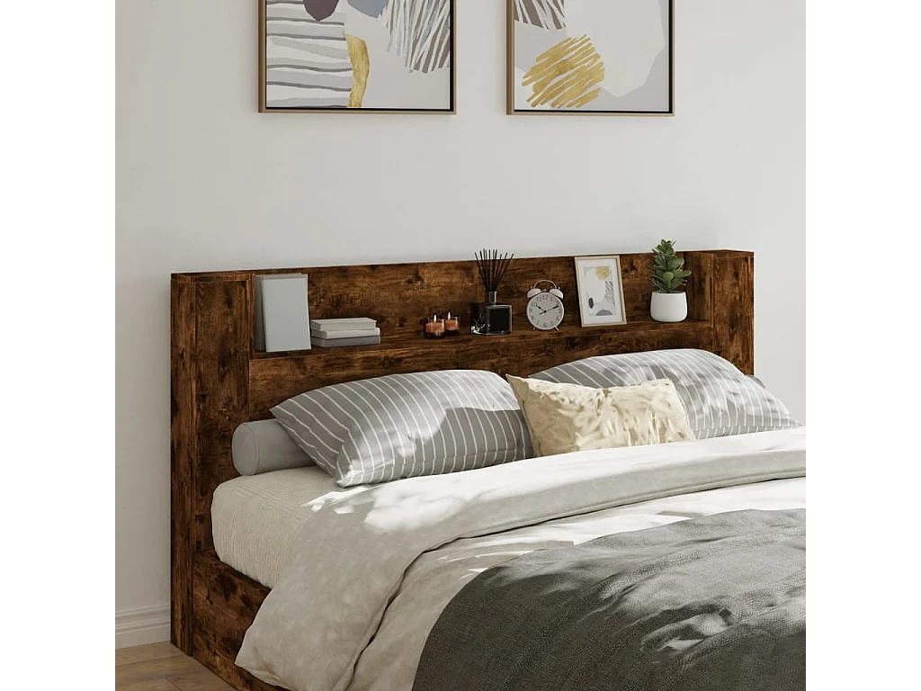 Armoire tête de lit avec LED chêne fumé 200x16,5x103,5 cm