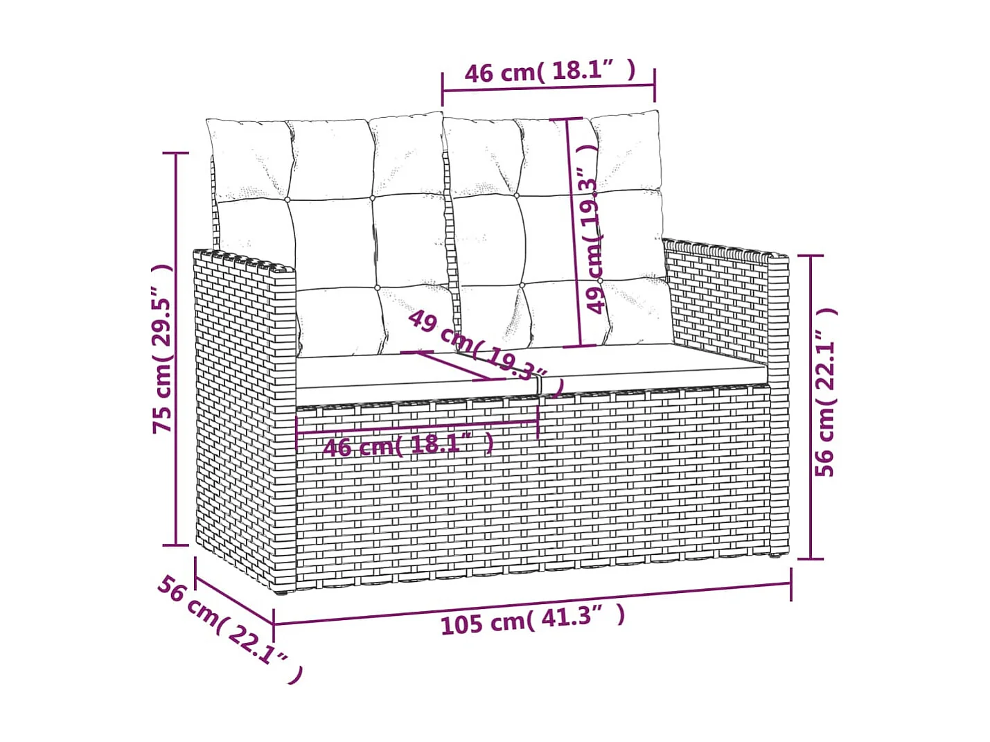 Panca da Giardino con Cuscini Nera 105 cm in Polyrattan