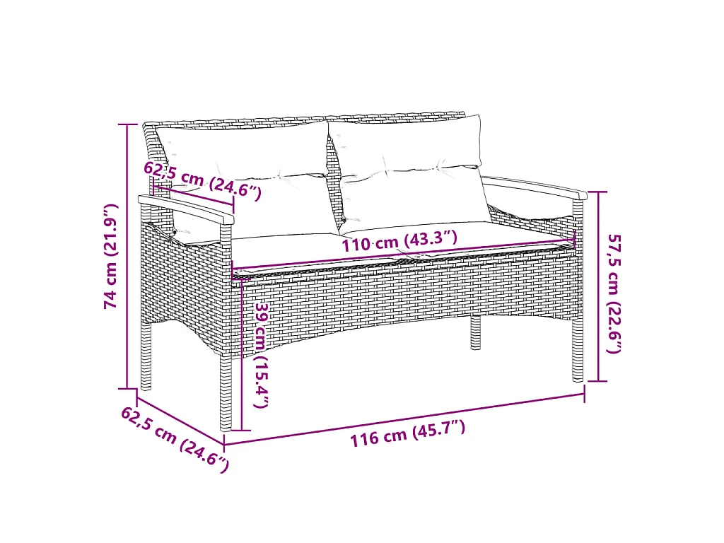 Banc de jardin avec coussins 116x62,5x74 cm noir résine tressée