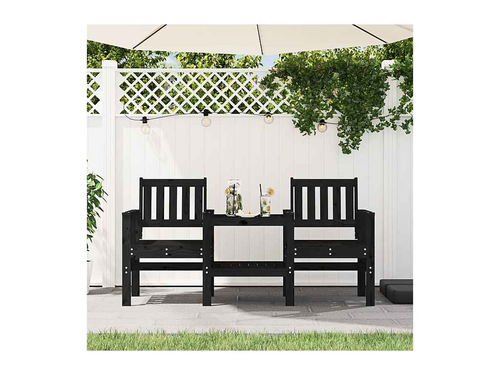Banc de jardin avec table 2 places noir bois massif de pin