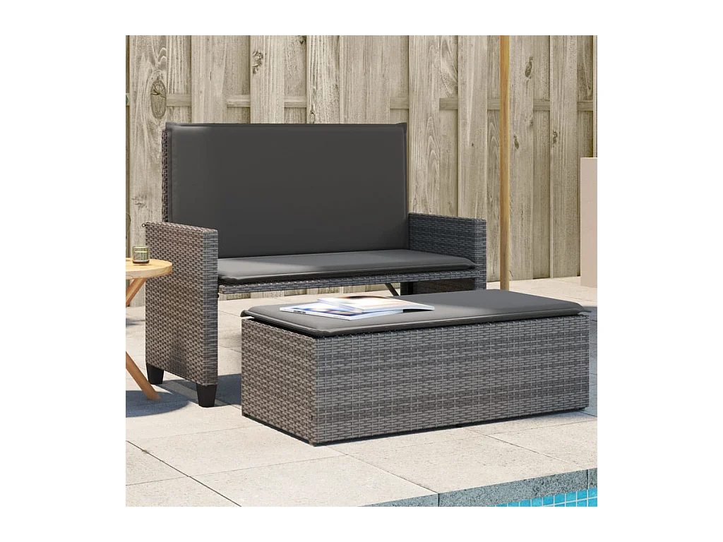 Banc de jardin avec coussins et repose-pied gris résine tressée