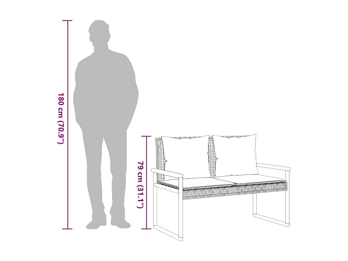 Gartenbank mit Kissen Schwarz Poly Rattan Akazienholz