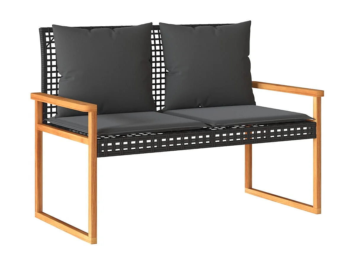 Gartenbank mit Kissen Schwarz Poly Rattan Akazienholz