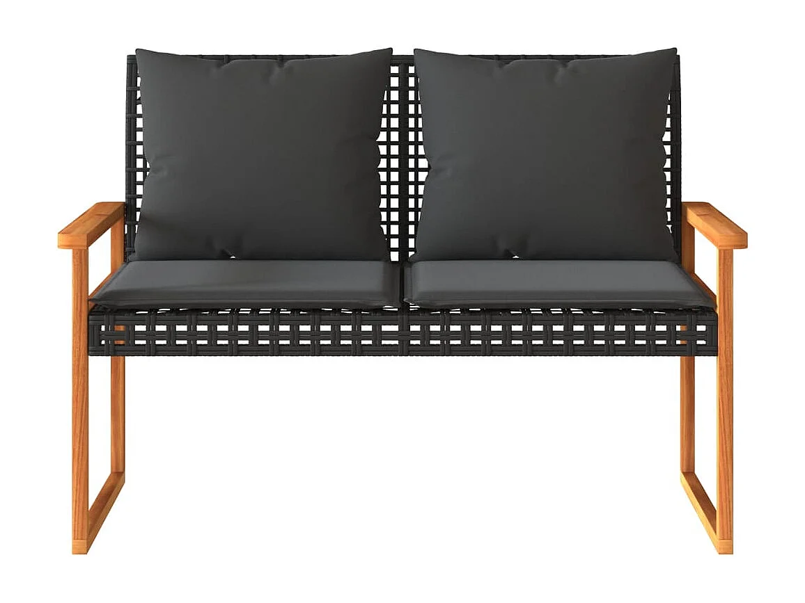 Gartenbank mit Kissen Schwarz Poly Rattan Akazienholz