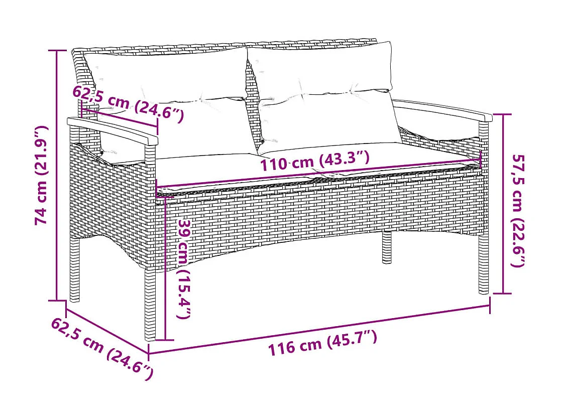 Tuinbank met kussens 116x62,5x74 cm poly rattan beige