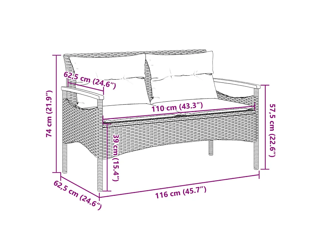 Panchina da Giardino con Cuscini 116x62,5x74cm Beige Polyrattan